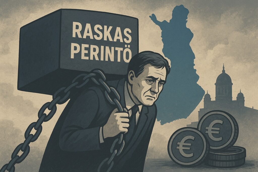 Kuvassa mies kantamassa painavaa kiveä jossa lukee Raskas perintö