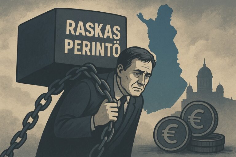 Kuvassa mies kantamassa painavaa kiveä jossa lukee Raskas perintö