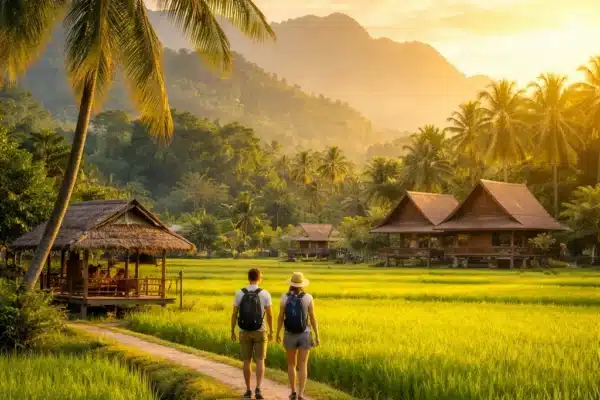 Thaimaa budjetti kuvituskuva jossa kuva thaimaan maaseudulta
