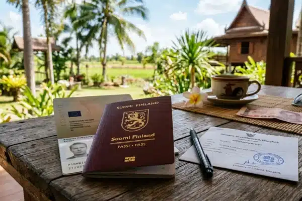 Uusi passi thaimaassa ja kuvassa suomen passi ja taustalla thaimaalainen maisema